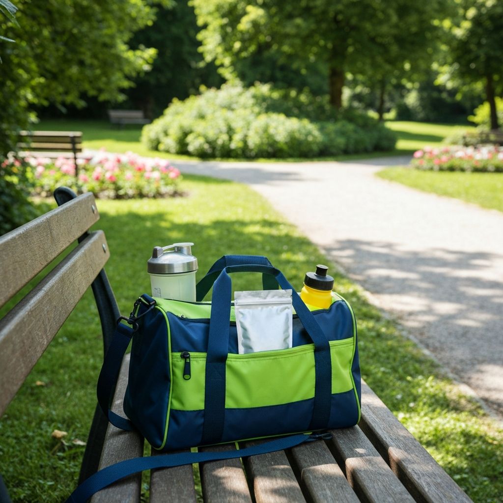 Sporttasche mit Shaker und Supplement-Pouch im Park