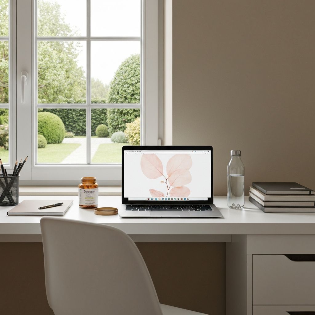 Arbeitszimmer mit Laptop, Supplement-Glas und Wasserflasche